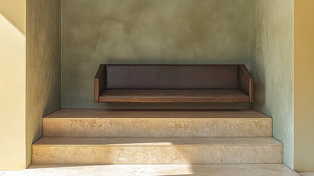 A stylish seating area features a simple wooden bench positioned above stone steps, illuminated by natural light in a peaceful indoor setting. The design emphasizes minimalism and tranquility.の素材