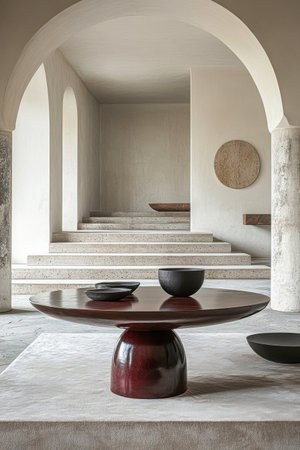A contemporary interior showcases a round wooden table with black bowls. Soft light filters through arches, enhancing the minimalist aesthetic of the setting. Steps lead upward, adding depth.の素材