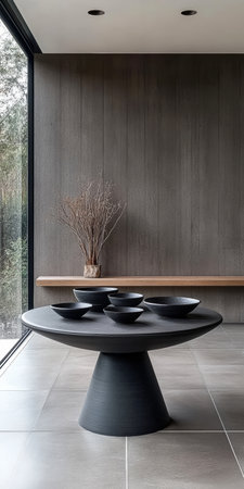 A sleek black table holds several crafted bowls, accentuating minimalist design principles in a calm indoor space with natural lighting and a neutral color palette.の素材