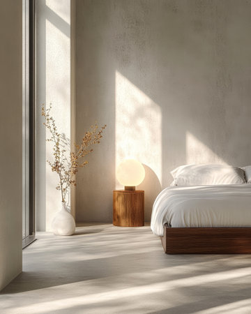 A spacious bedroom features a bed with white linens, a round lamp on a wooden side table, and a vase of dried flowers. Natural light filters through large windows, creating a calming environment.の素材