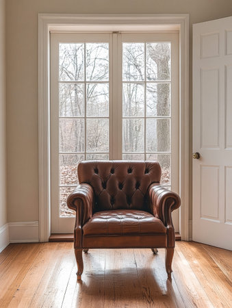 A stylish brown leather chair is placed elegantly by large glass doors. Outside, a peaceful forest landscape can be seen, enhancing the warm indoor atmosphere.の素材