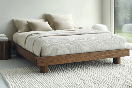 A minimalist bedroom features a wooden bed frame with soft, textured bedding in neutral tones. Natural light streams through large windows, enhancing the calming atmosphere.の素材