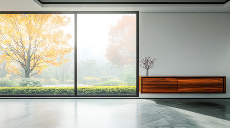 A contemporary interior features a sleek wooden cabinet beside expansive windows showcasing vibrant autumn trees and a tranquil garden. Soft light enhances the peaceful ambiance.の素材