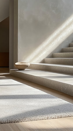 Sunlight streams delicately through a spacious interior, illuminating a staircase adorned with a textured rug and a decorative bowl at the top of the steps.の素材