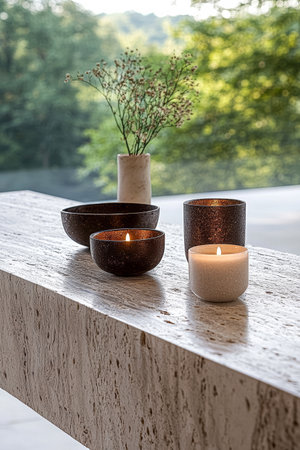 A carefully arranged collection of candles sits on a textured stone table in a peaceful outdoor environment. Sunlight filters through trees, creating a calming atmosphere.の素材