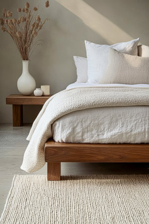 This cozy bedroom blends comfort and style, showcasing a wooden bed with white bedding and a minimalist aesthetic. Soft textures and natural elements create a calm atmosphere.の素材