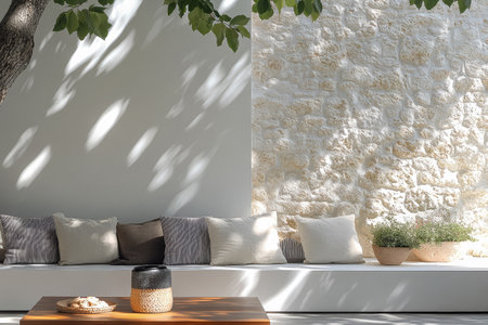 A cozy outdoor seating area features comfortable cushions arranged on a smooth bench. Natural light filters through leaves, while potted plants add a touch of greenery, enhancing relaxation.の素材