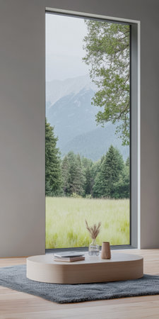 A minimalist room features a large window that frames a serene view of green trees and a grassy field with mountains in the background under clear skies.の素材