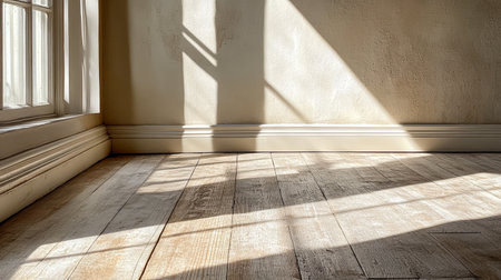 Sunlight streams through a window, casting intricate shadows on the wooden floor. The warm tones of the wood contrast with the soft light, creating a serene atmosphere.の素材