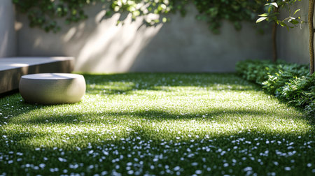 A serene garden area features lush artificial grass sprinkled with small white flowers. A simple stone seating invites relaxation, shaded by surrounding greenery, all bathed in soft daylight.の素材