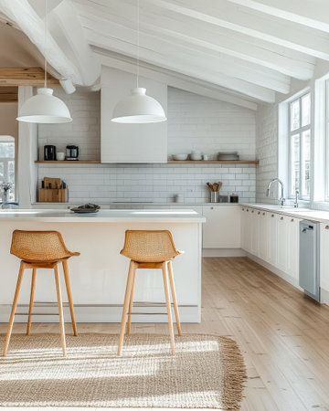 Bright and airy kitchen features white cabinetry and beautiful wooden accents, complemented by stylish bar stools. Natural light fills the space, enhancing its inviting atmosphere.の素材