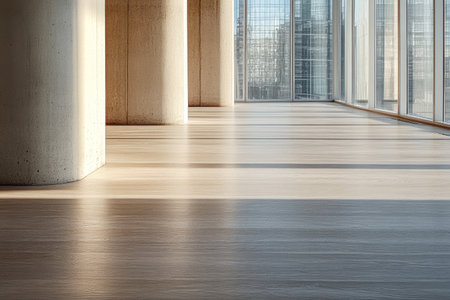Sunlight streams through tall windows, illuminating the polished wooden floor and highlighting the concrete columns. The atmosphere feels serene and modern, perfect for hosting gatherings or relaxing.の素材