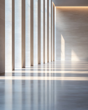 Bright hallway features tall, sleek walls with vertical lines, casting elongated shadows on the polished floor. Sunlight creates a serene atmosphere in this contemporary environment.の素材