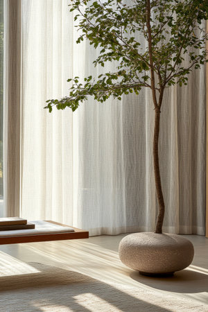 A serene indoor space showcases a tree placed on a natural stone base, surrounded by soft sunlight illuminating sheer curtains, creating a calming atmosphere.の素材