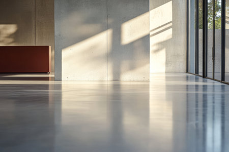 A minimalist interior showcases smooth concrete walls and polished floors. Soft shadows create a tranquil ambiance as sunlight streams in through expansive windows.の素材