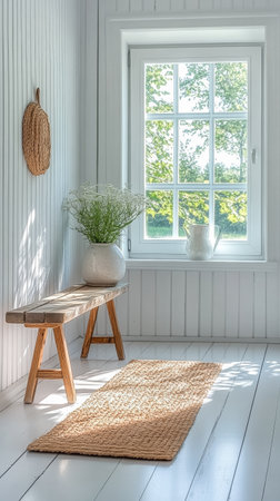 A cozy interior space features a wooden bench alongside a sunny window. A simple vase holds fresh greenery, while a soft rug adds warmth to the bright environment.の素材
