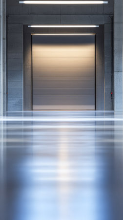 This expansive industrial hallway features smooth flooring and minimalistic walls, leading to a closed loading dock. The soft lighting creates a calm atmosphere during the evening.の素材