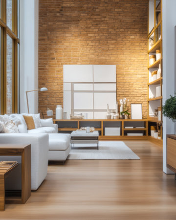 Stylish living room showcases a minimalist design featuring a white sofa, wooden accents, and a stone wall. Natural light floods the space, creating a warm and inviting atmosphere.の素材