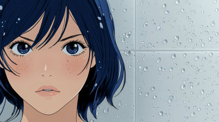 A young woman stands in a misty shower room, her blue eyes reflecting deep emotions. Water droplets cling to tiles, adding to the intimate, serene atmosphere of the moment.の素材