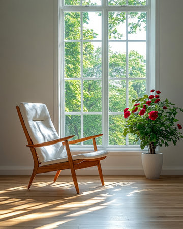 In a bright room, a comfortable wooden chair sits by a large window, offering a picturesque view of lush greenery outside. A vibrant flower pot adds color to the space.の素材