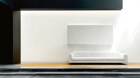A spacious interior showcases a white tufted sofa placed on a wooden floor. The surrounding walls are minimalist and bright, illuminated by natural light, creating a serene atmosphere.の素材