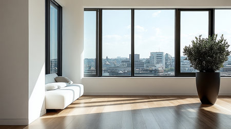 Sunlight streams through large windows in a modern living area featuring sleek furniture and a potted plant, offering a stunning view of the city skyline.の素材