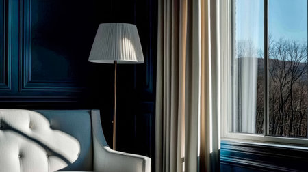 A stylish living space featuring a plush white sofa and a modern lamp, bathed in soft light from a large window. The view reveals beautiful distant mountains and trees.の素材