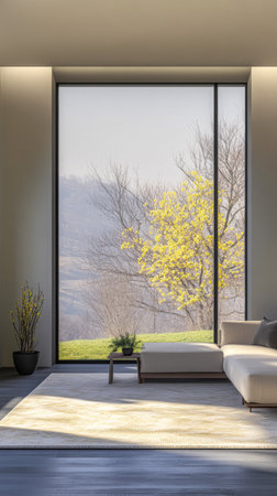 A modern living room features a spacious window displaying vibrant trees in bloom. Sunlight floods the room, creating a warm and inviting atmosphere.の素材