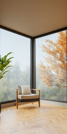 A stylish wooden chair sits in a well-lit corner room with floor-to-ceiling windows. Outside, autumn trees display vibrant orange leaves against a light misty backdrop.の素材