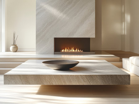 Bright, airy living room showcases a sleek stone fireplace as the focal point, complemented by a simple bowl and elegant design elements, inviting warmth and comfort.の素材