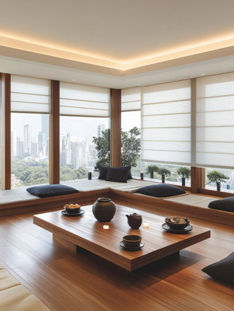A tranquil living room showcases minimalist design elements with wooden flooring, seating areas, and a traditional tea setup, overlooking a bustling cityscape.の素材