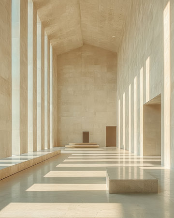 Bright and spacious interior features large stone walls and dramatic light play through tall windows, creating a calm atmosphere perfect for contemplation or art display.の素材