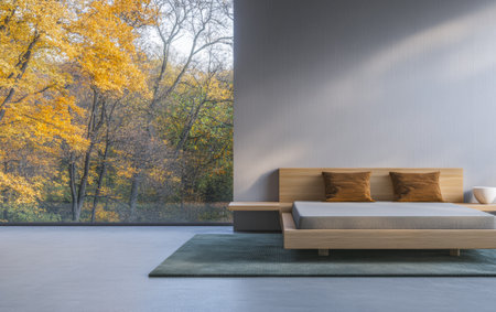 A minimalist bedroom features a spacious wooden bed with cushions, offering a tranquil view of colorful autumn trees outside large windows. The calming interior enhances the seasonal ambiance.の素材