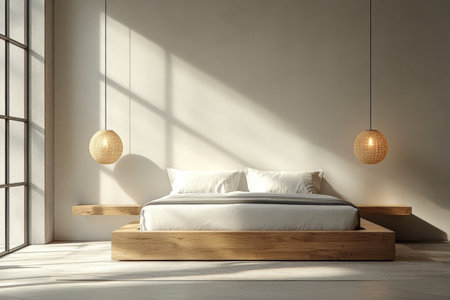 A spacious bedroom showcases a wooden platform bed with white bedding, illuminated by soft natural light streaming through large windows and complemented by stylish hanging lamps.の素材