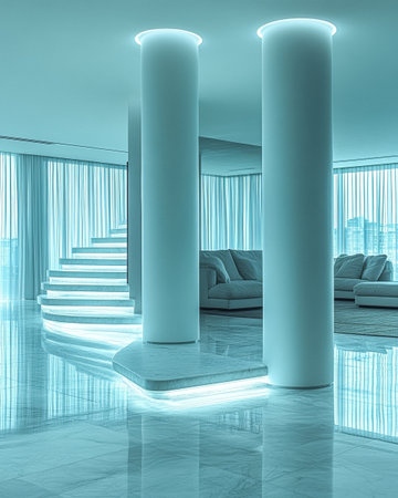 A bright, modern interior showcases illuminated white columns and a stylish staircase. Large windows provide natural light, enhancing the elegant atmosphere of the living area.の素材