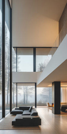 A spacious living area offers stunning views through expansive windows, showcasing a tranquil landscape. The design features clean lines, natural materials, and comfortable seating.の素材
