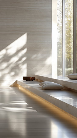 Soft sunlight filters through large windows, illuminating a tranquil area with minimalist decor. Cushions rest on a simple platform, enhancing the peaceful atmosphere.の素材