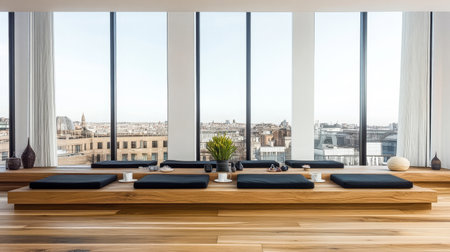 A spacious lounge area features low seating and minimalist decor, perfect for relaxation. Large windows offer a stunning view of the city skyline during daylight hours.の素材