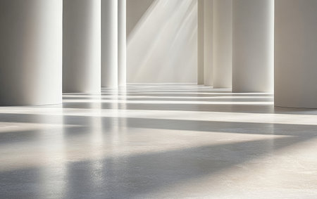 Soft sunlight streams through tall, white columns in a minimalist space, illuminating the reflective floor and creating soothing shadows that enhance the serene ambiance.の素材