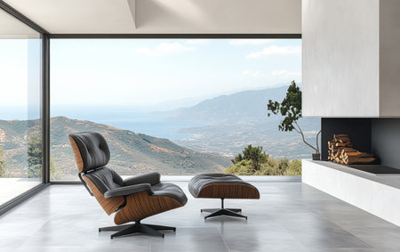 A sleek modern chair and matching ottoman are positioned in a stylish interior space. Large windows showcase a stunning view of mountains and the sea on a clear day.の素材