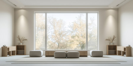 Bright living room features soft-colored minimalistic furniture arranged around a large window, revealing trees outside with vibrant autumn foliage in the warm afternoon sun.の素材