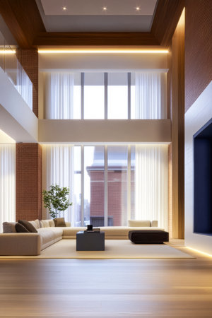 Bright and spacious living room features tall windows that let in natural light, warm wooden accents, and a cozy seating arrangement. A plant adds a touch of greenery.の素材