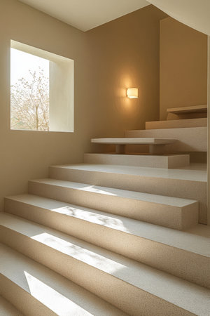 A stylish staircase leads upward, bathed in natural light from a nearby window. The beige walls and smooth steps create a serene atmosphere in the contemporary interior.の素材