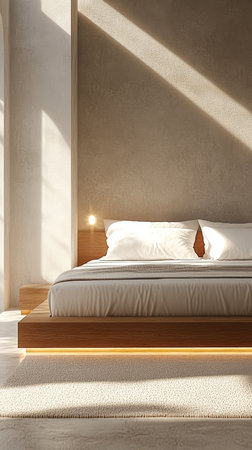 This relaxing bedroom features a wooden bed with plush white bedding, illuminated by natural light streaming through large windows. The neutral tones create a calming atmosphere.の素材