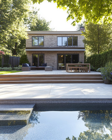 A spacious backyard features a serene pool, modern wooden decking, and a stylish home surrounded by trees. The sunny afternoon creates a relaxing atmosphere perfect for gatherings.の素材