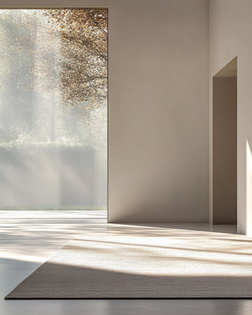 Sunlight streams through large windows, illuminating the simple, elegant space with soft shadows and a calming rug, creating a peaceful ambiance.の素材