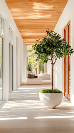 A bright modern hallway highlights a lush potted tree beside a comfortable seating area. Natural light illuminates the minimalist decor and wooden ceiling.の素材