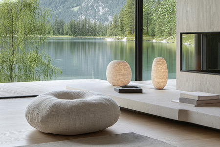 A cozy round pouf sits on the wooden floor of a modern living area. Large windows showcase a tranquil lake surrounded by mountains, creating a peaceful retreat.の素材