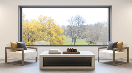 Cozy living room features two stylish armchairs and a sleek coffee table, offering a view of vibrant yellow autumn foliage in a nearby park. A peaceful atmosphere prevails.の素材