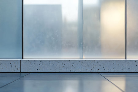 A sleek modern space features a polished floor and a frosted glass wall reflecting soft morning light. The tranquility of the surroundings enhances a sense of calm and focus.の素材